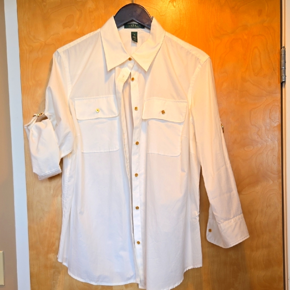 Lauren Ralph Lauren White Button-Down Shirt with Gold Buttons NWOT